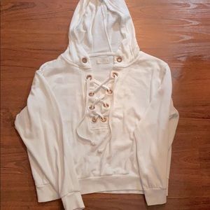 White v neck lace up hooded sweatshirt